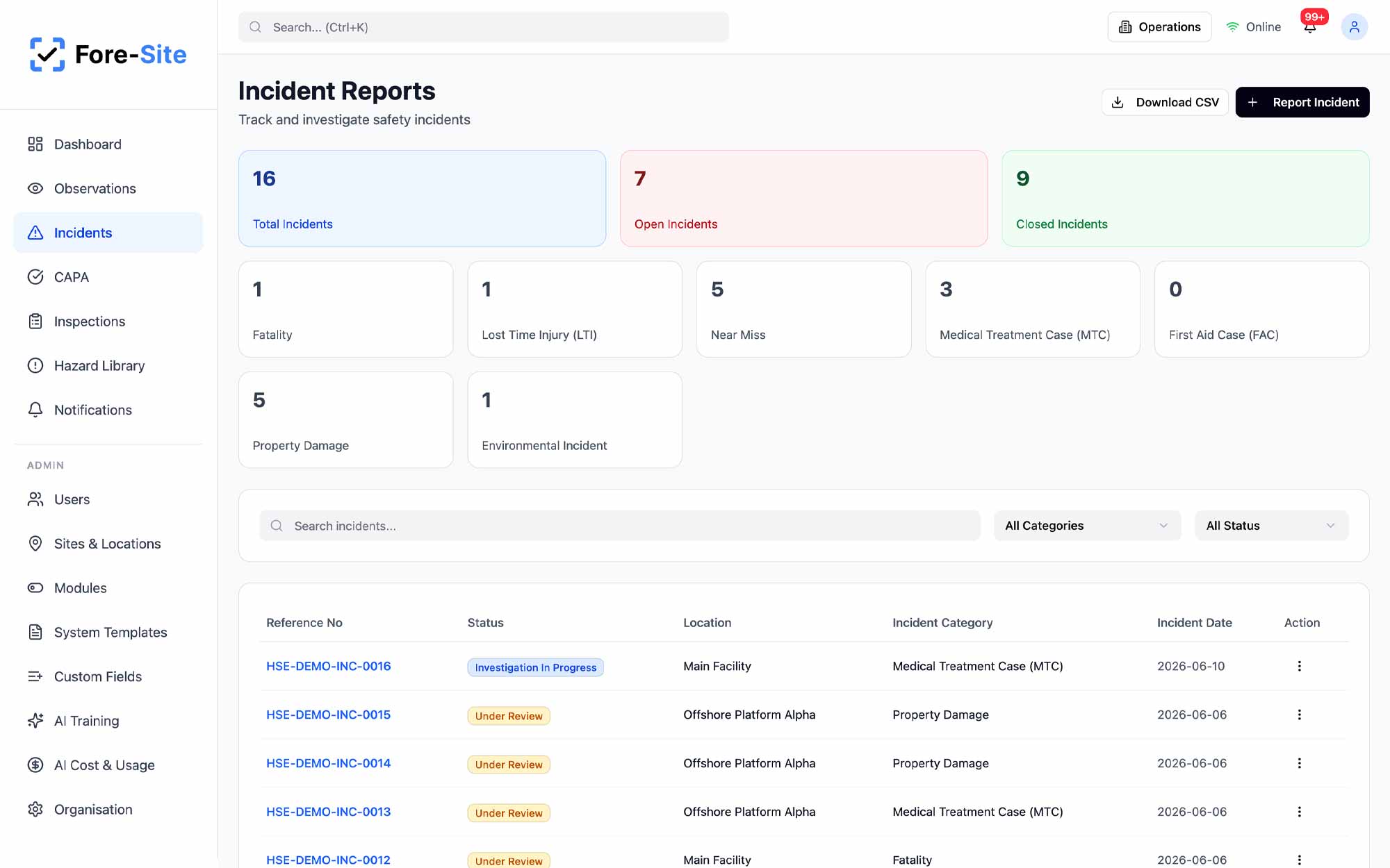 Fore-Site · Field Reporting — Command centre incident tracking